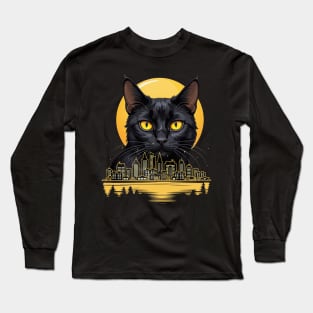 Black Cat With Yellow Eyes Night Moon And City Cats Lovers Long Sleeve T-Shirt